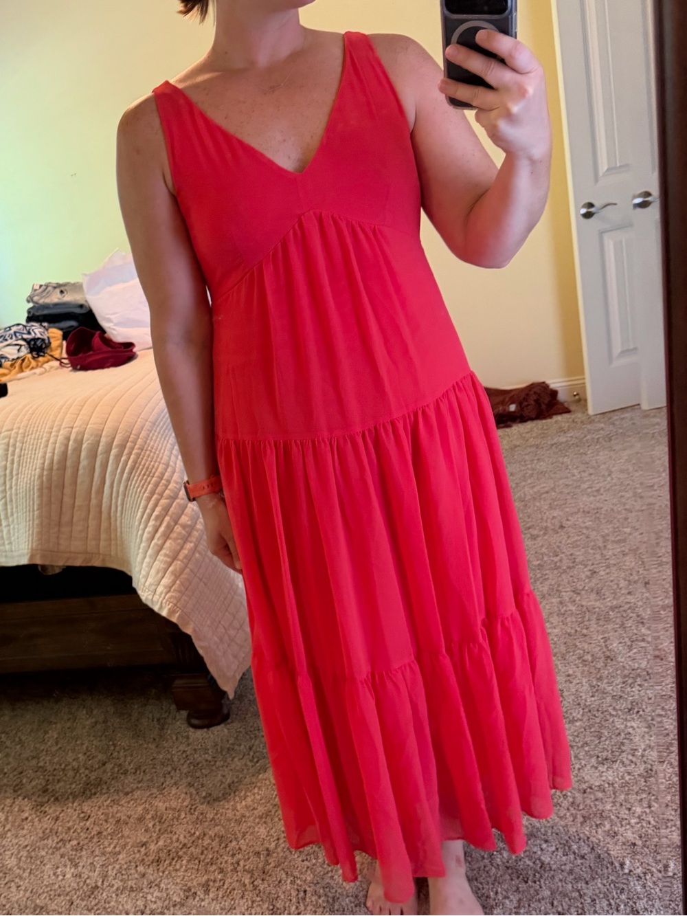 Just...Taylor Coral V-Neck Tiered Sleeveless Maxi Dress